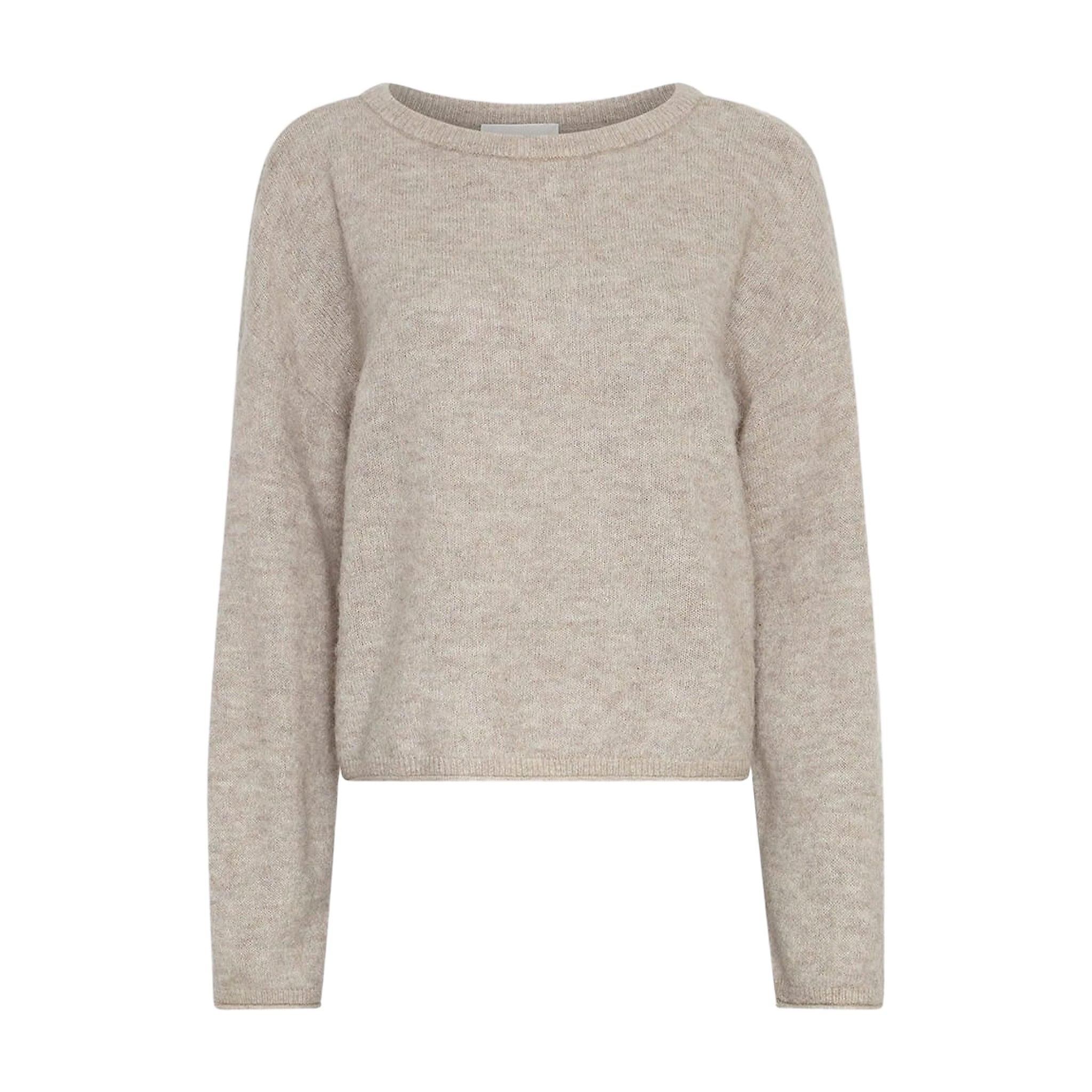Grå pullover i strik fra MSCH Copenhagen med rund hals og lange ærmer set forfra