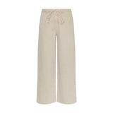 Beige wide leg bukser Lio Pants i Sand Wash fra MSCH Copenhagen set forfra med bindebånd i taljen