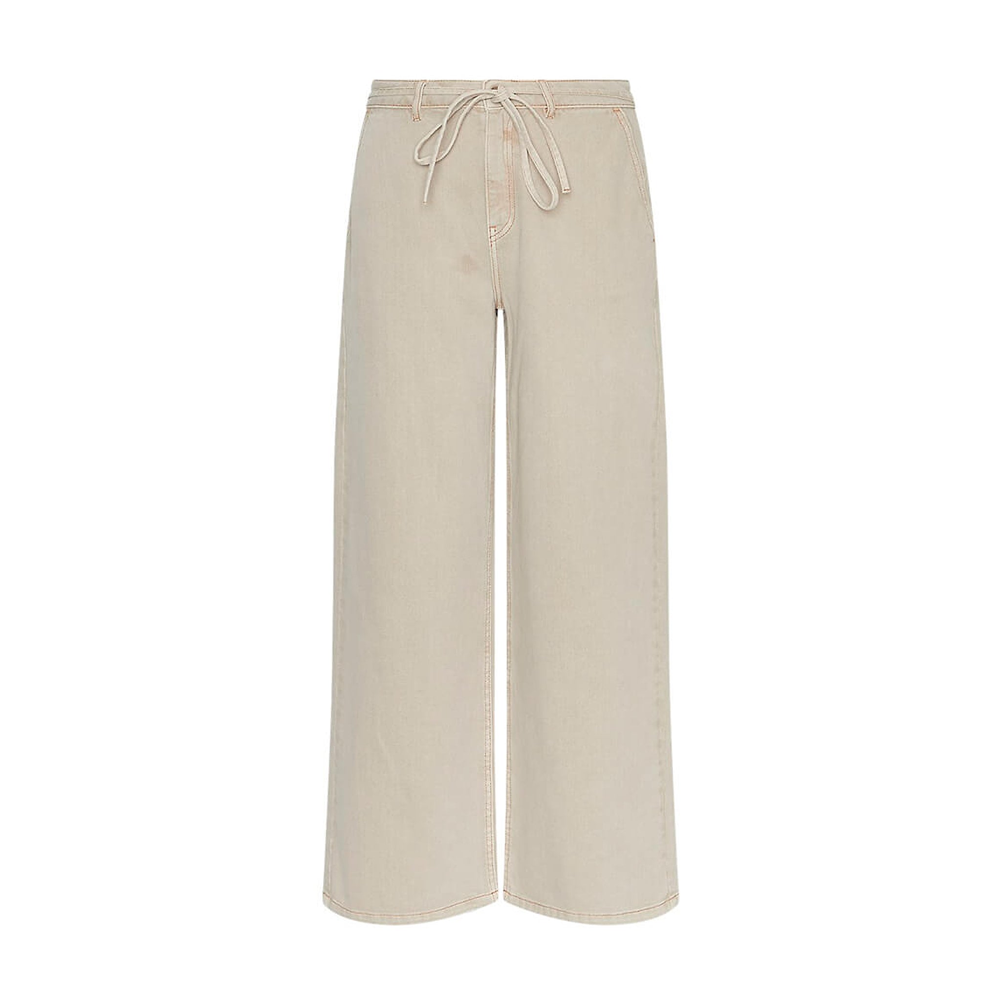 Beige wide leg bukser Lio Pants i Sand Wash fra MSCH Copenhagen set forfra med bindebånd i taljen