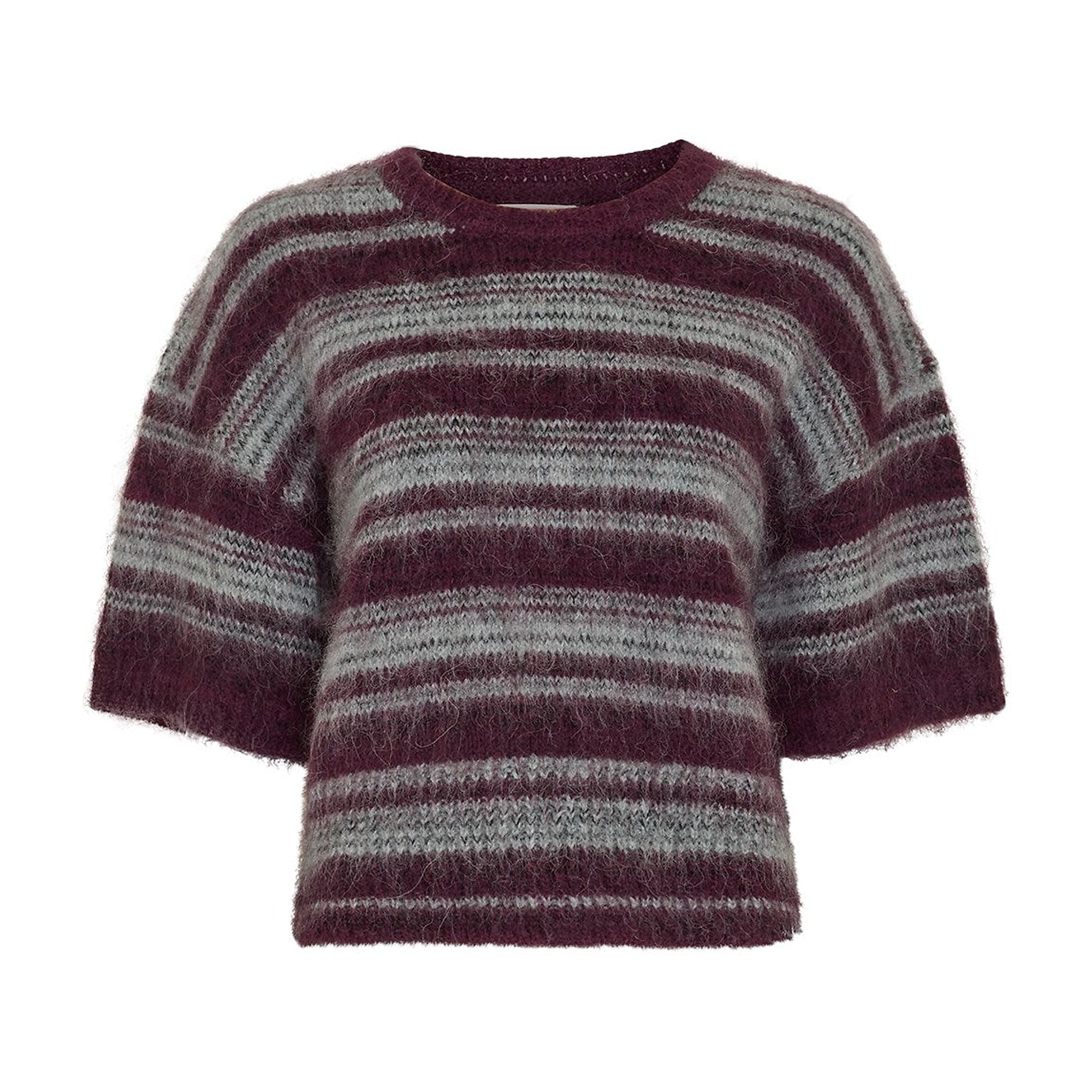Stribet pullover i lilla og grå med rund hals og korte ærmer set forfra