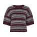 Stribet pullover i lilla og grå med rund hals og korte ærmer set forfra