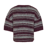 Stribet pullover i lilla og grå med korte ærmer set bagfra