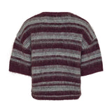 Stribet pullover i lilla og grå med korte ærmer set bagfra