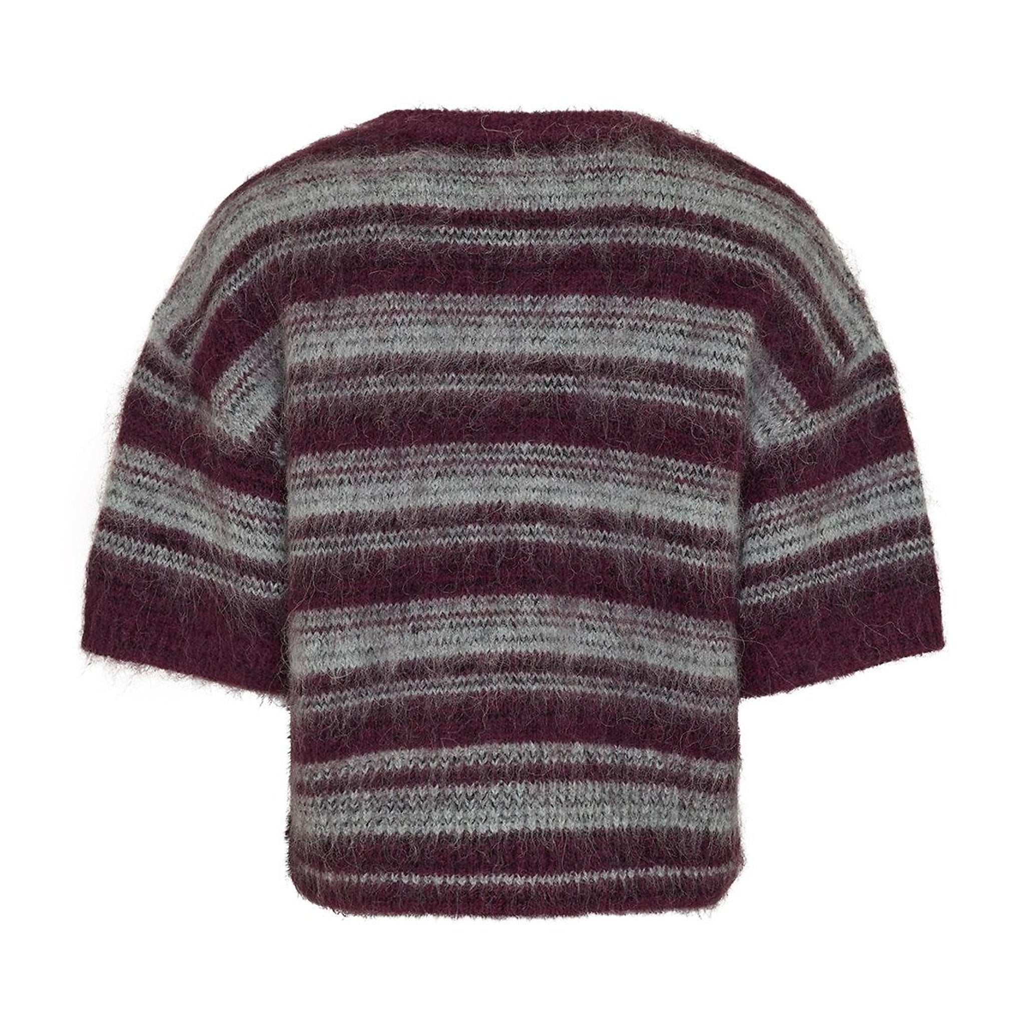 Stribet pullover i lilla og grå med korte ærmer set bagfra