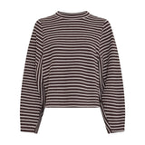 Brun og beige stribet sweatshirt med rund hals og vide ærmer set forfra
