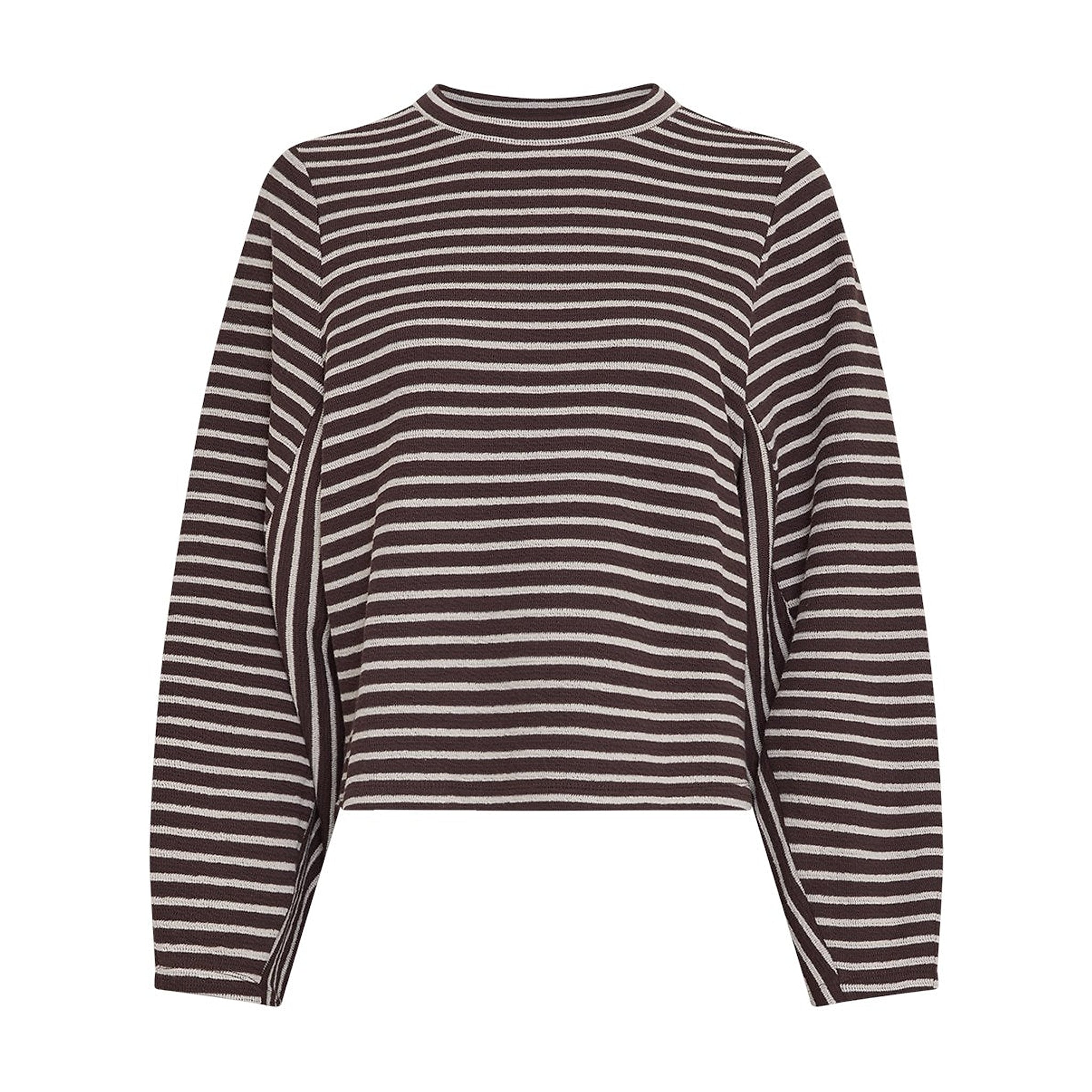 Brun og beige stribet sweatshirt med rund hals og vide ærmer set forfra
