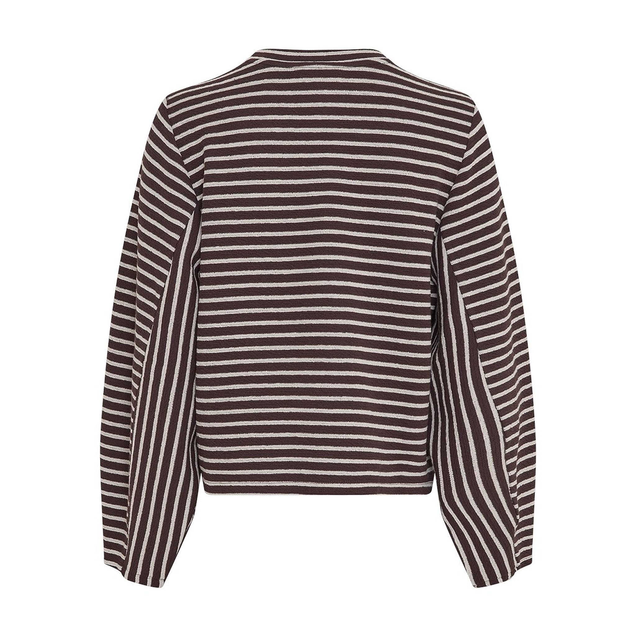 Brun og beige stribet sweatshirt fra MSCH Copenhagen set bagfra med lodrette striber på ærmerne