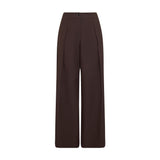 Brune wide leg bukser med høj talje, knap og læg foran set forfra