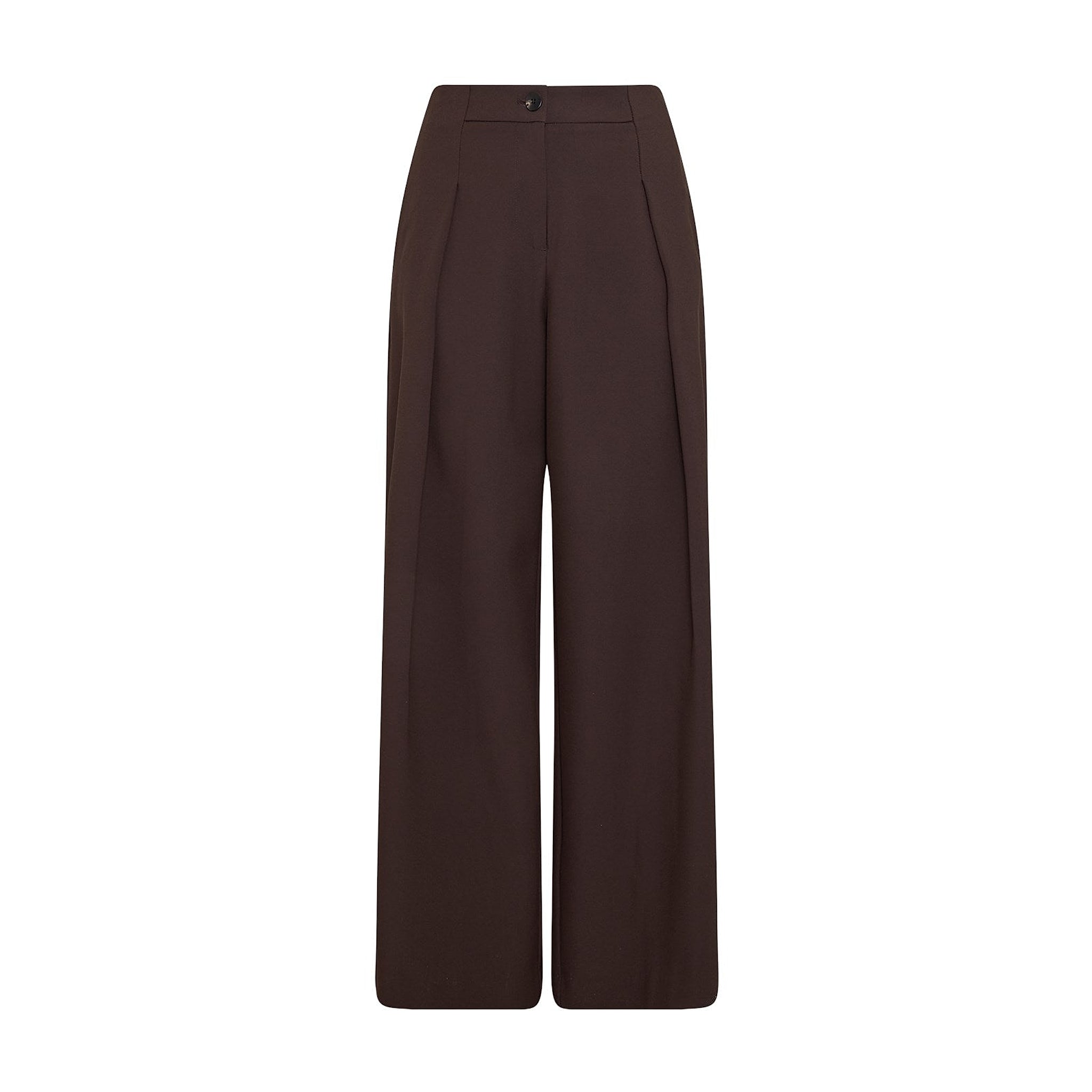 Brune wide leg bukser med høj talje, knap og læg foran set forfra