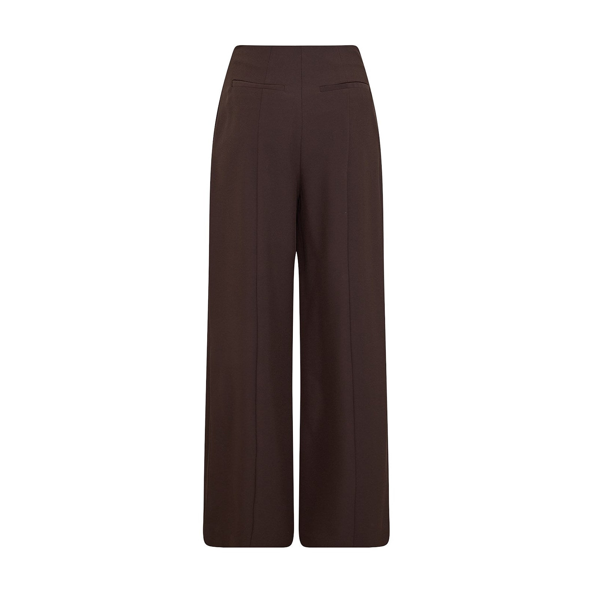 Brune wide leg bukser med høj talje og lommer bagpå set bagfra