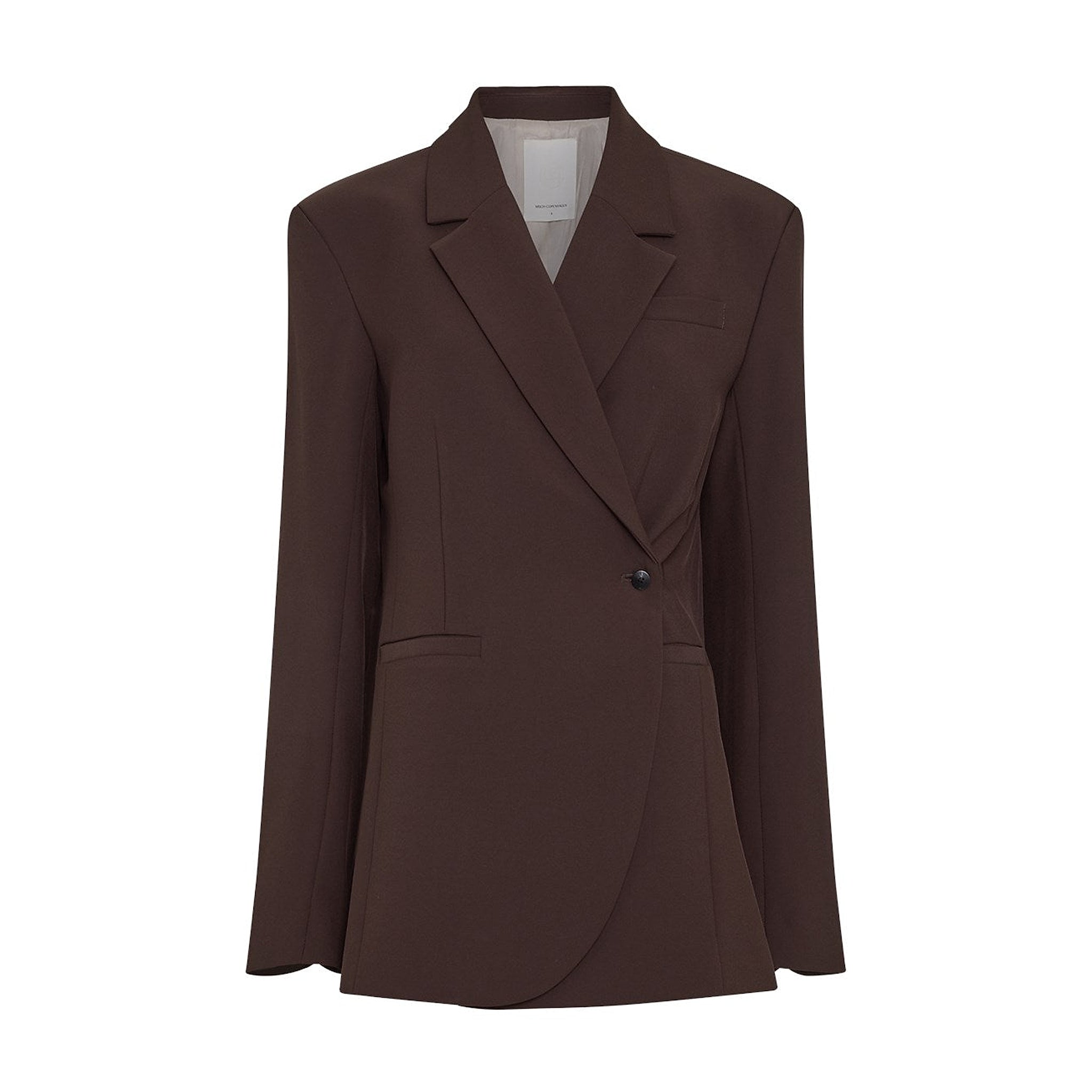 Brun blazer Vega Loose Blazer fra MSCH Copenhagen forfra med reverskrave og asymmetrisk knaplukning