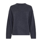Navy pullover fra MSCH Copenhagen i strik med rund hals og lange ærmer, set forfra