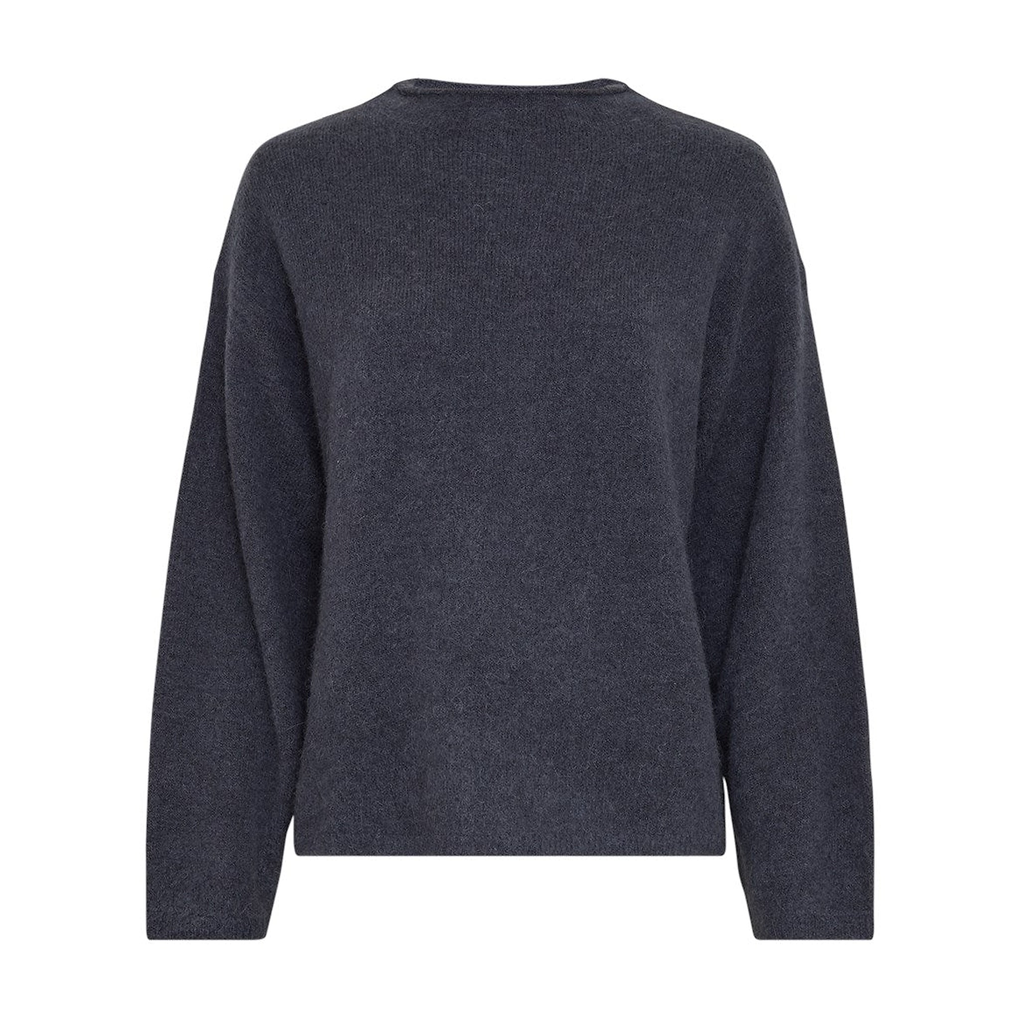 Navy pullover fra MSCH Copenhagen i strik med rund hals og lange ærmer, set forfra