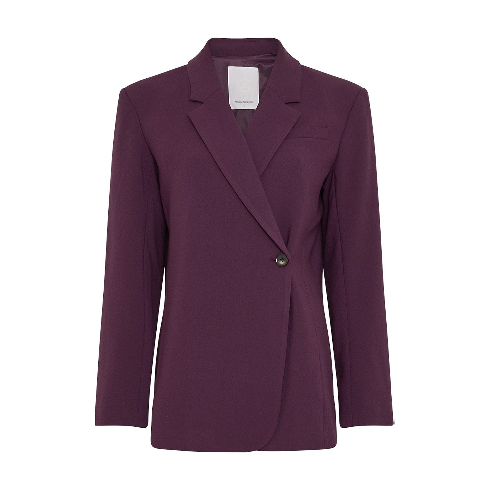 Lilla blazer fra MSCH Copenhagen forfra med reverskrave, asymmetrisk overlap og én knap i siden