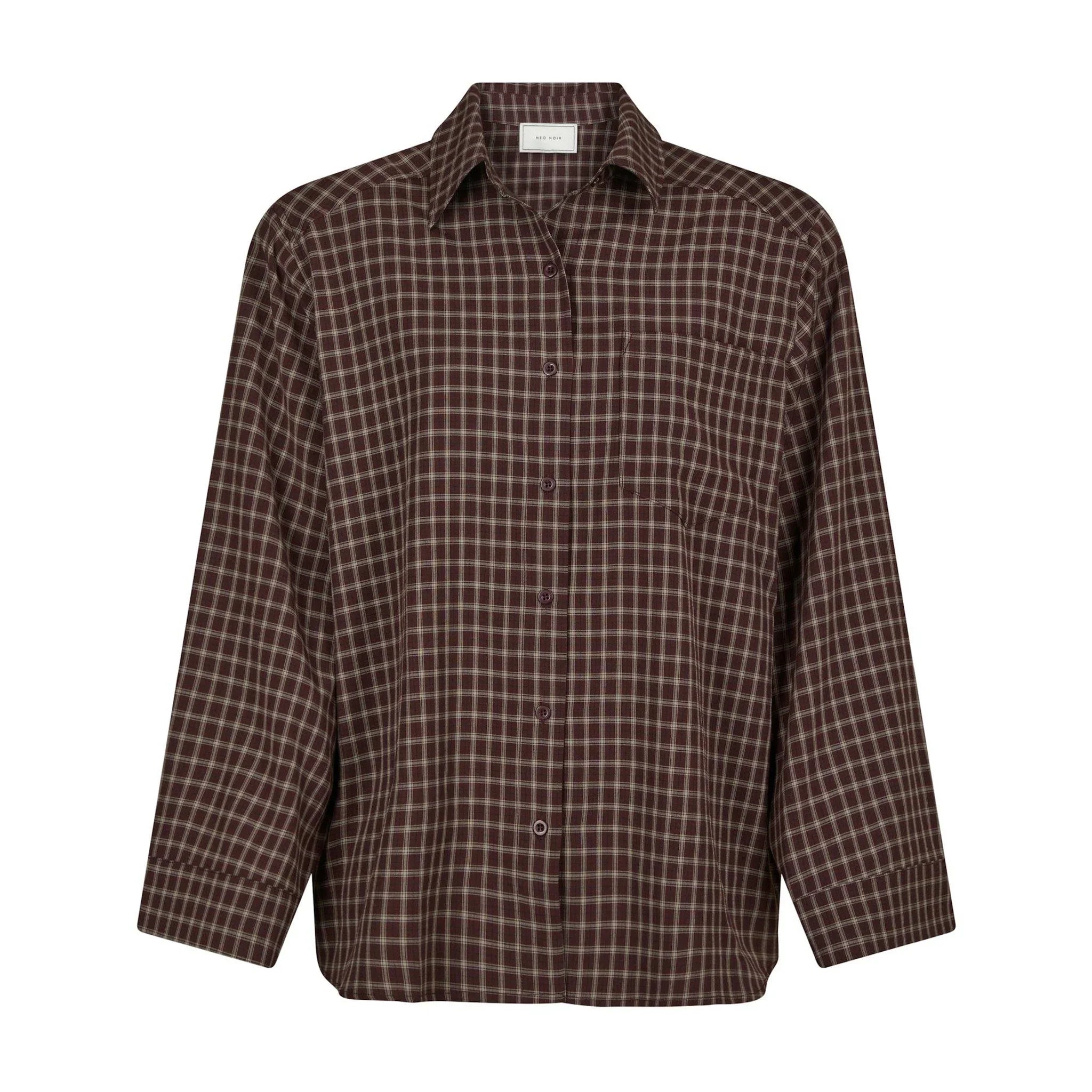 Brun ternet skjorte Anella i Chocolate Plum fra Neo Noir set forfra med knapper og brystlomme