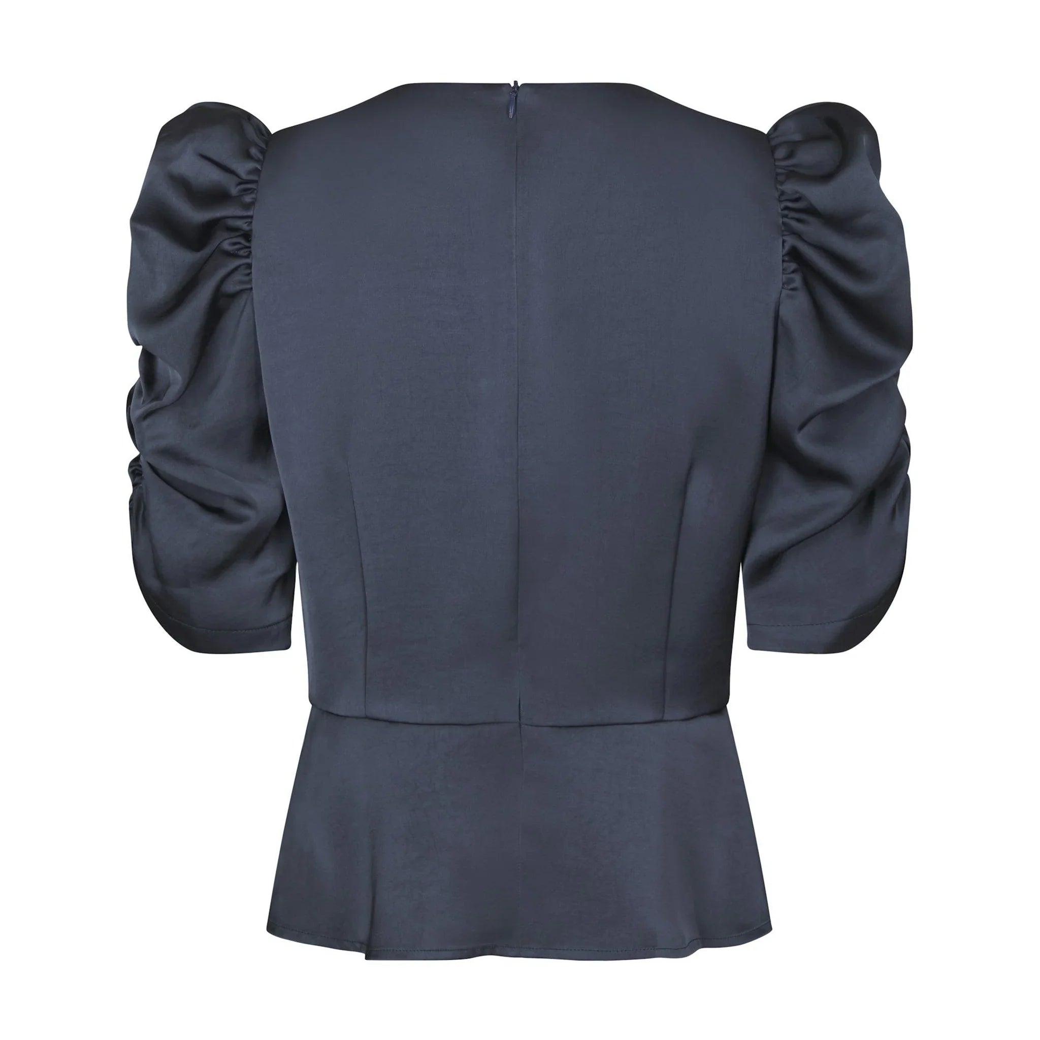 Navy satinbluse fra Neo Noir set bagfra med lynlås i nakken og rynkede ærmer