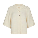 Hvid fluffy strikcardigan Benutta fra Neo Noir med guldfarvede knapper og vide 3/4 ærmer set forfra