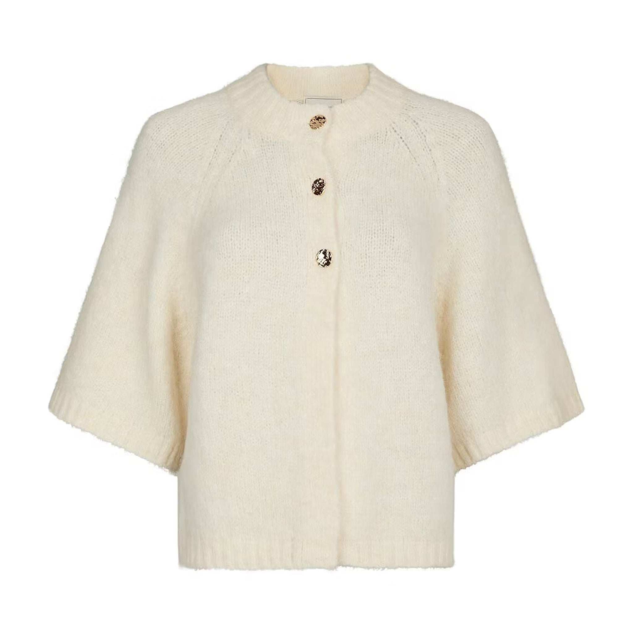 Hvid fluffy strikcardigan Benutta fra Neo Noir med guldfarvede knapper og vide 3/4 ærmer set forfra