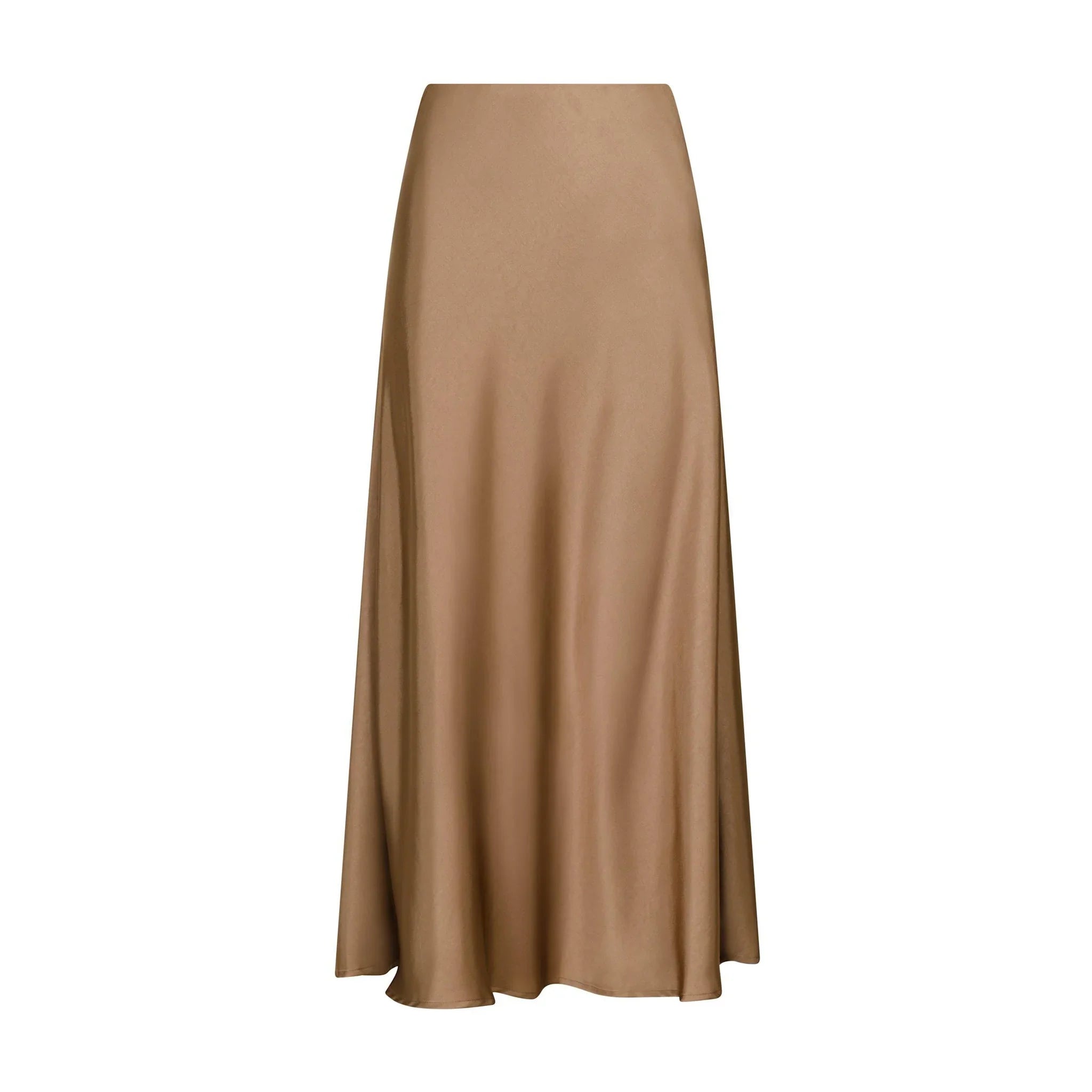 Brun midi nederdel i satin, Bovary Skirt i Dark Taupe fra Neo Noir, set forfra på hvid baggrund