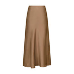 Bovary Skirt i Dark Taupe, gråbrun satin nederdel skåret på skrå, set bagfra på hvid baggrund