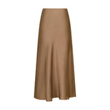Bovary Skirt i Dark Taupe, gråbrun satin nederdel skåret på skrå, set bagfra på hvid baggrund