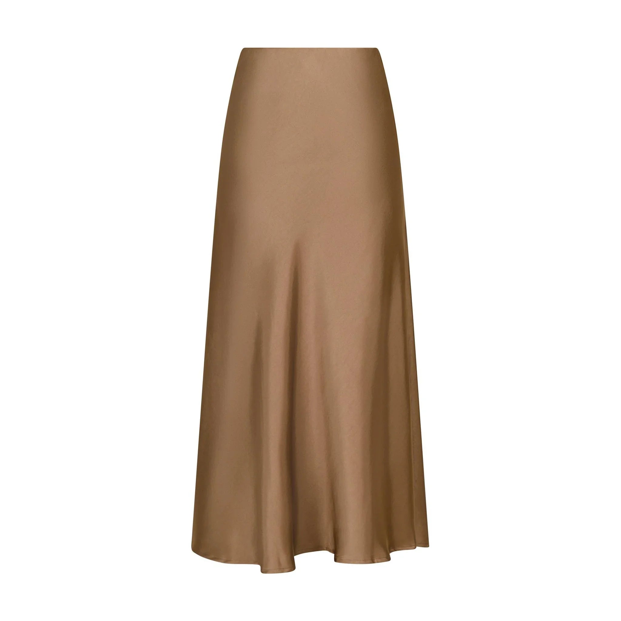 Bovary Skirt i Dark Taupe, gråbrun satin nederdel skåret på skrå, set bagfra på hvid baggrund