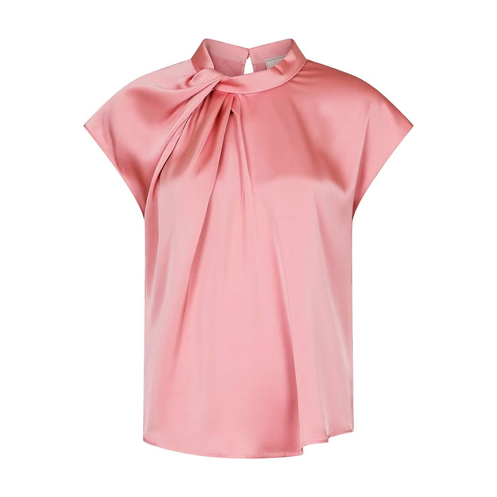 Pink satinbluse fra Neo Noir med høj krave, snoet drapering ved halsen og korte ærmer set forfra