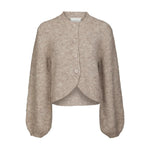 Beige fluffy cardigan fra Neo Noir med puffærmer, betrukne knapper og rundede kanter foran, set forfra