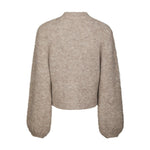 Beige fluffy cardigan med puffærmer og ribkant forneden, set bagfra