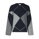 Navy strik fra Neo Noir med argyle mønster i grå nuancer og rund hals, set forfra