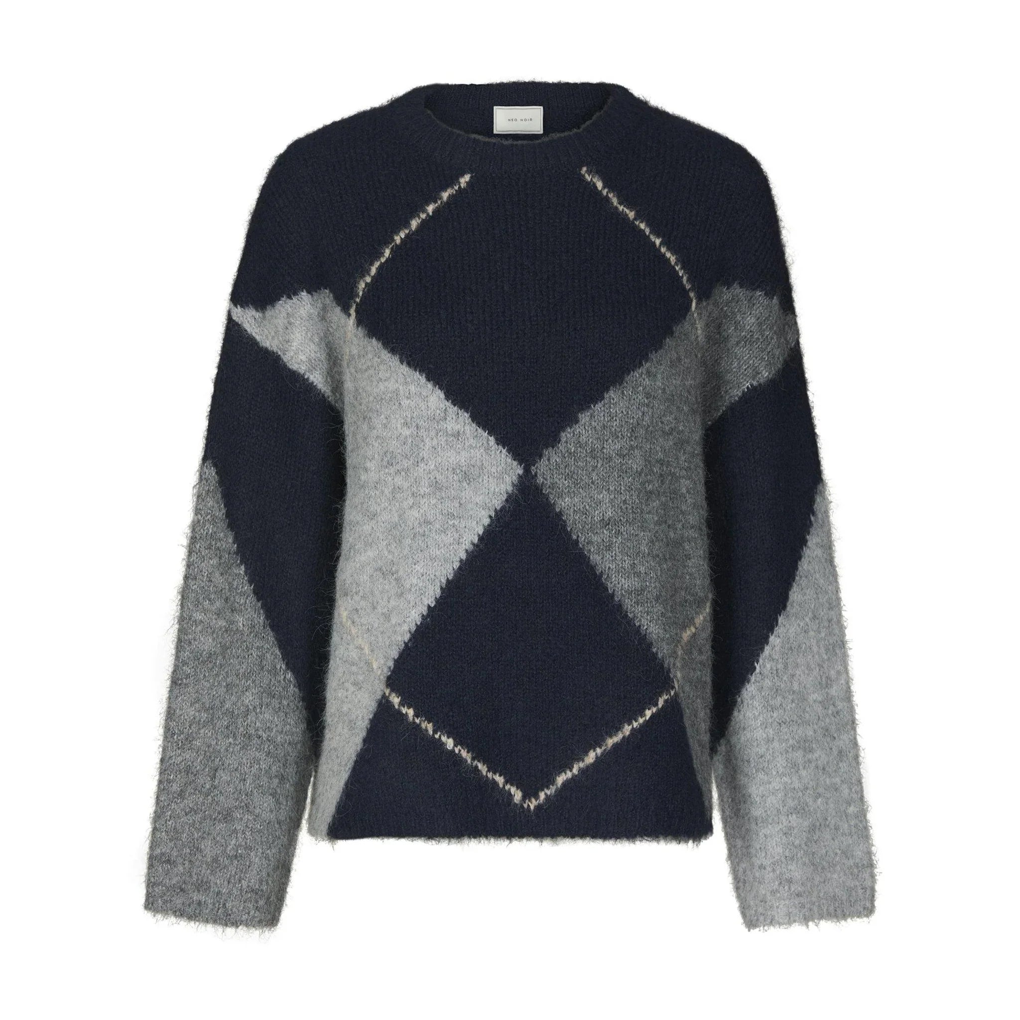 Navy strik fra Neo Noir med argyle mønster i grå nuancer og rund hals, set forfra