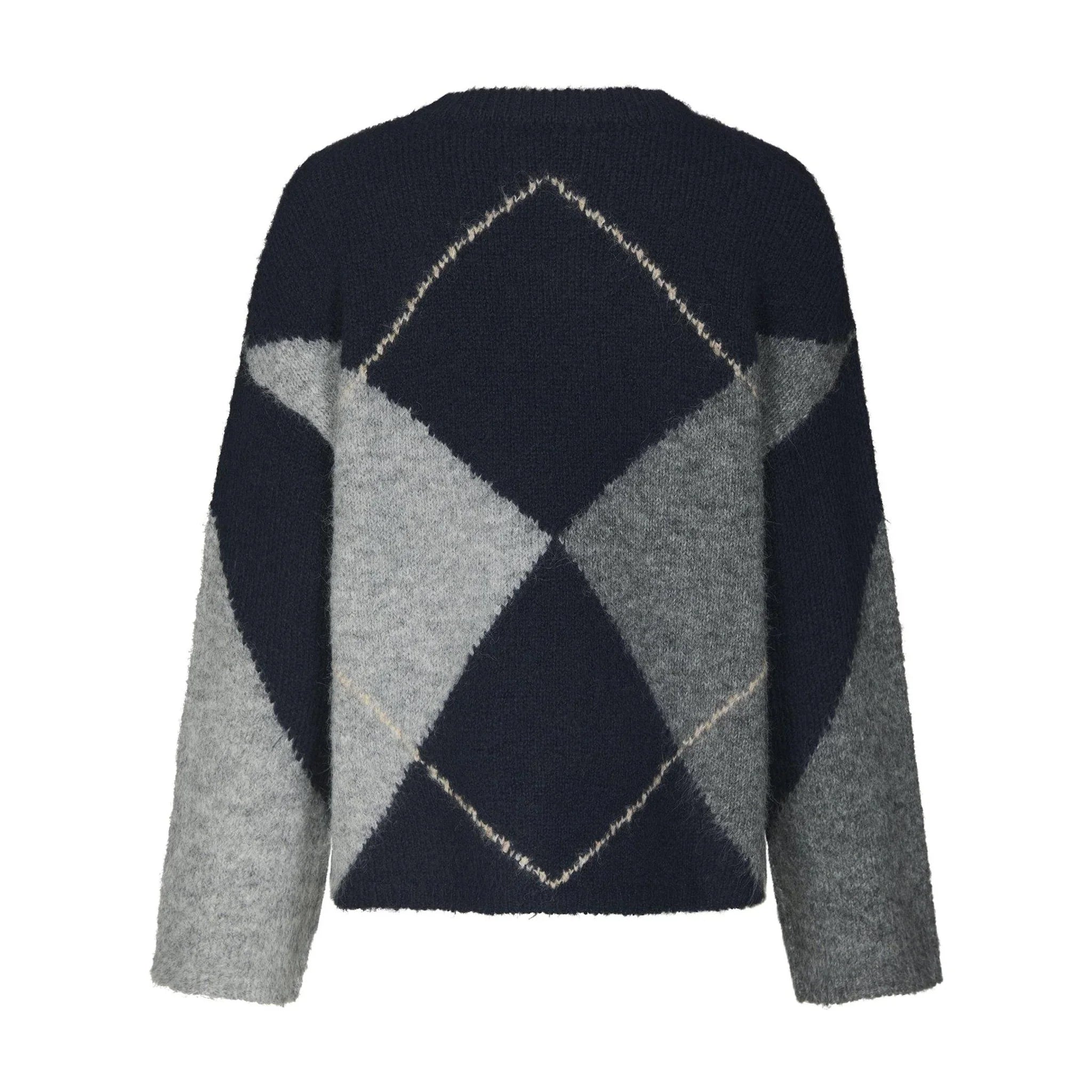 Navy strik med argyle mønster i grå nuancer og lyse linjer, set bagfra
