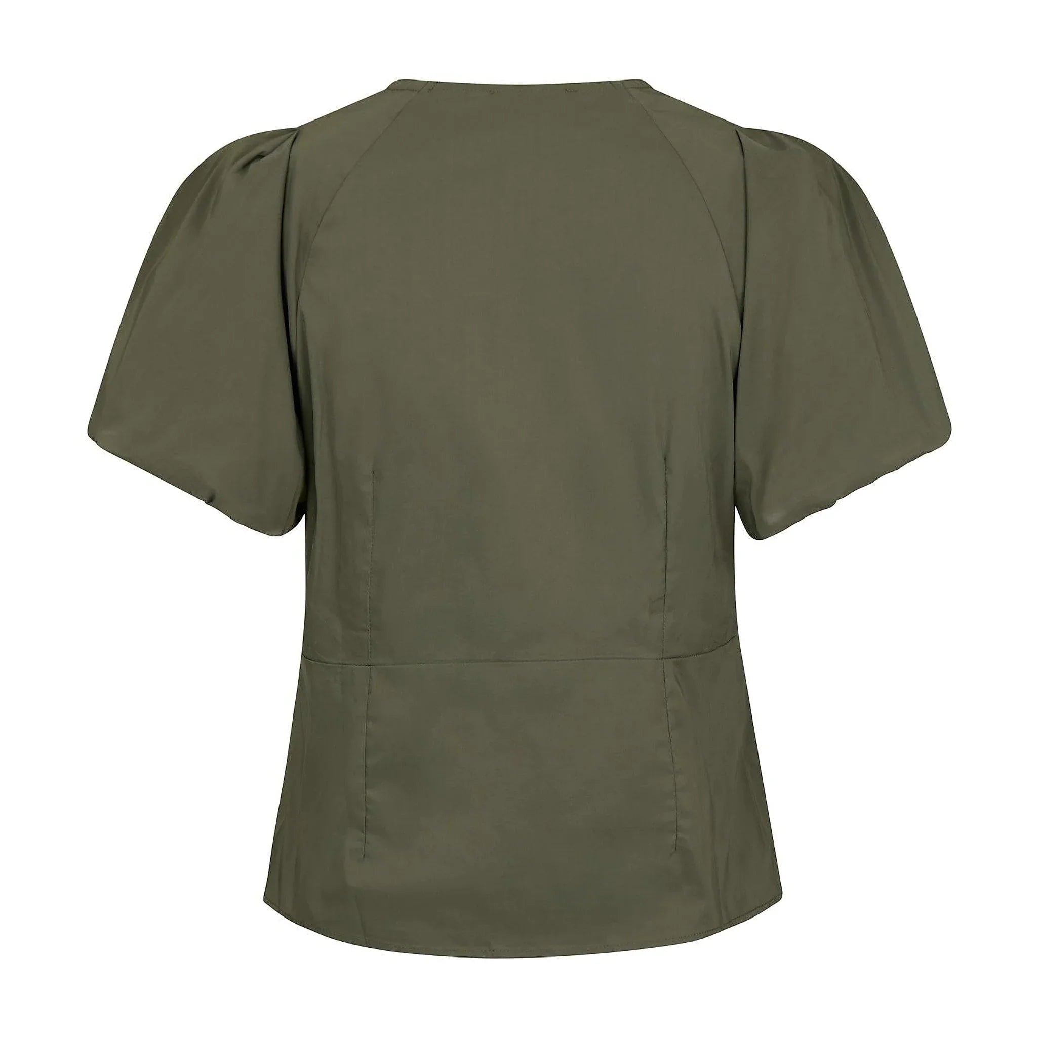 Grøn bluse i poplin med puffede ærmer og indsnit på ryggen set bagfra