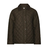 Quiltet jakke i khaki med rudemønster, trykknapper og mørkere krave set forfra