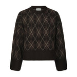 Brun strikbluse med argyle mønster og rundhals fra Neo Noir set forfra
