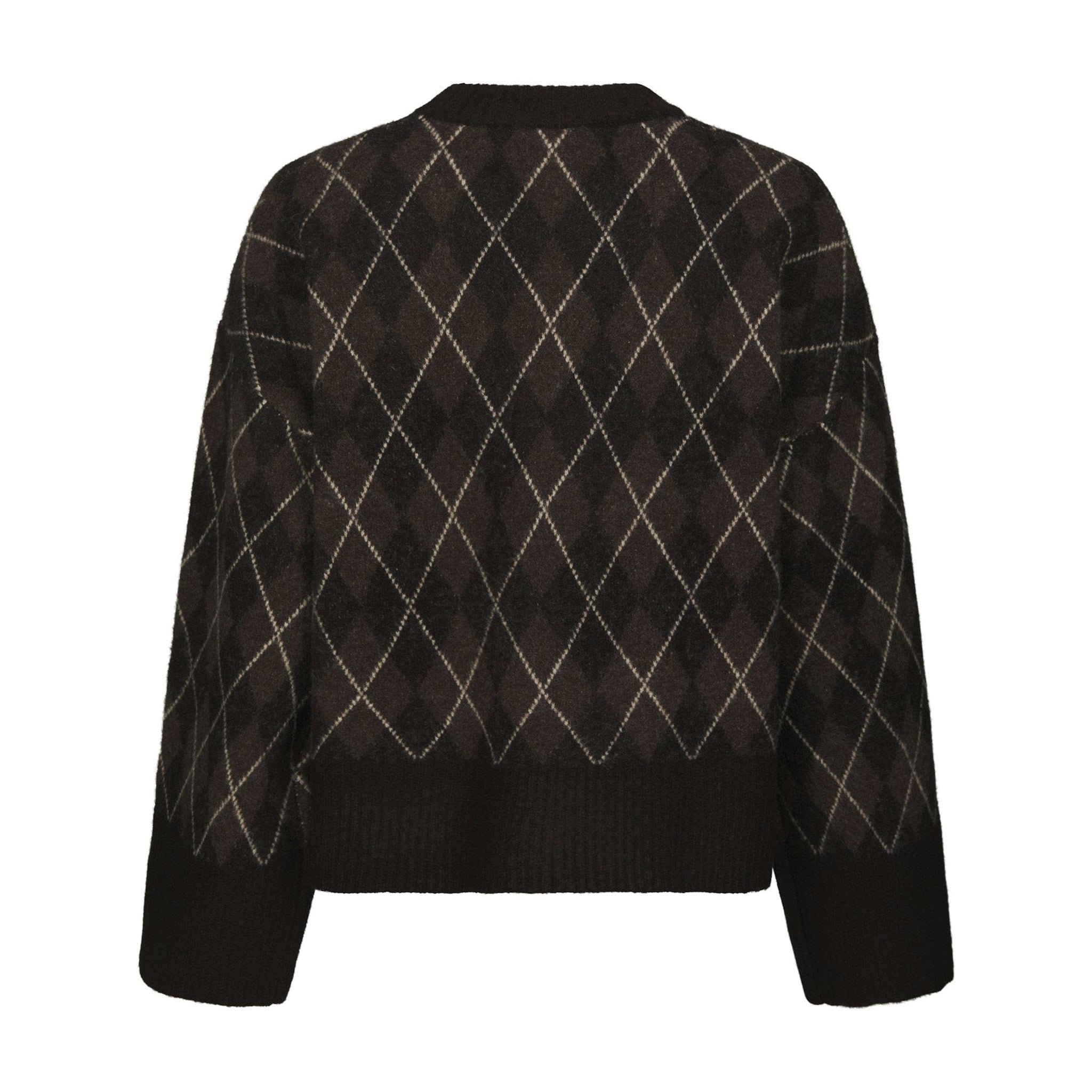 Brun strikbluse med argyle mønster og ribkanter fra Neo Noir set bagfra