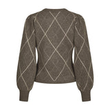 Beige ternet cardigan med rudemønster og ballonærmer, set bagfra