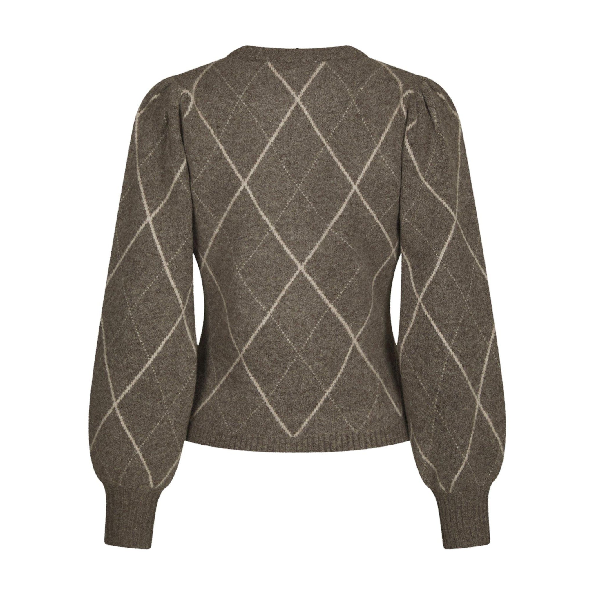 Beige ternet cardigan med rudemønster og ballonærmer, set bagfra