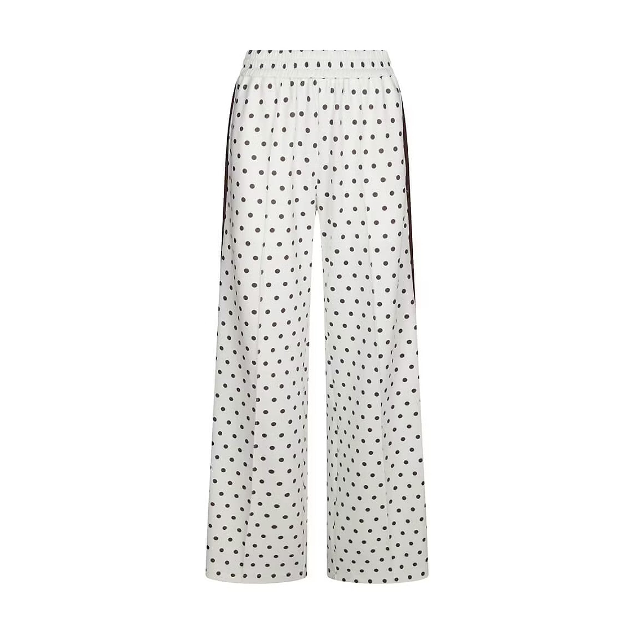 Hvide prikkede wide leg bukser fra Neo Noir med elastisk linning og fold foran, set forfra