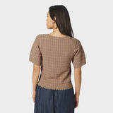 Model i beige hæklet bluse med korte ærmer og bølget kant, set bagfra