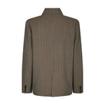 Brun nålestribet blazer set bagfra med slids og fire knapper ved ærmerne
