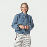 Model i blå denimjakke med høj hals og pufærmer set forfra