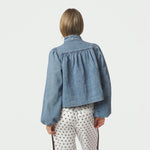Model i kort blå denimjakke set bagfra med rynket ryg og brede ærmer