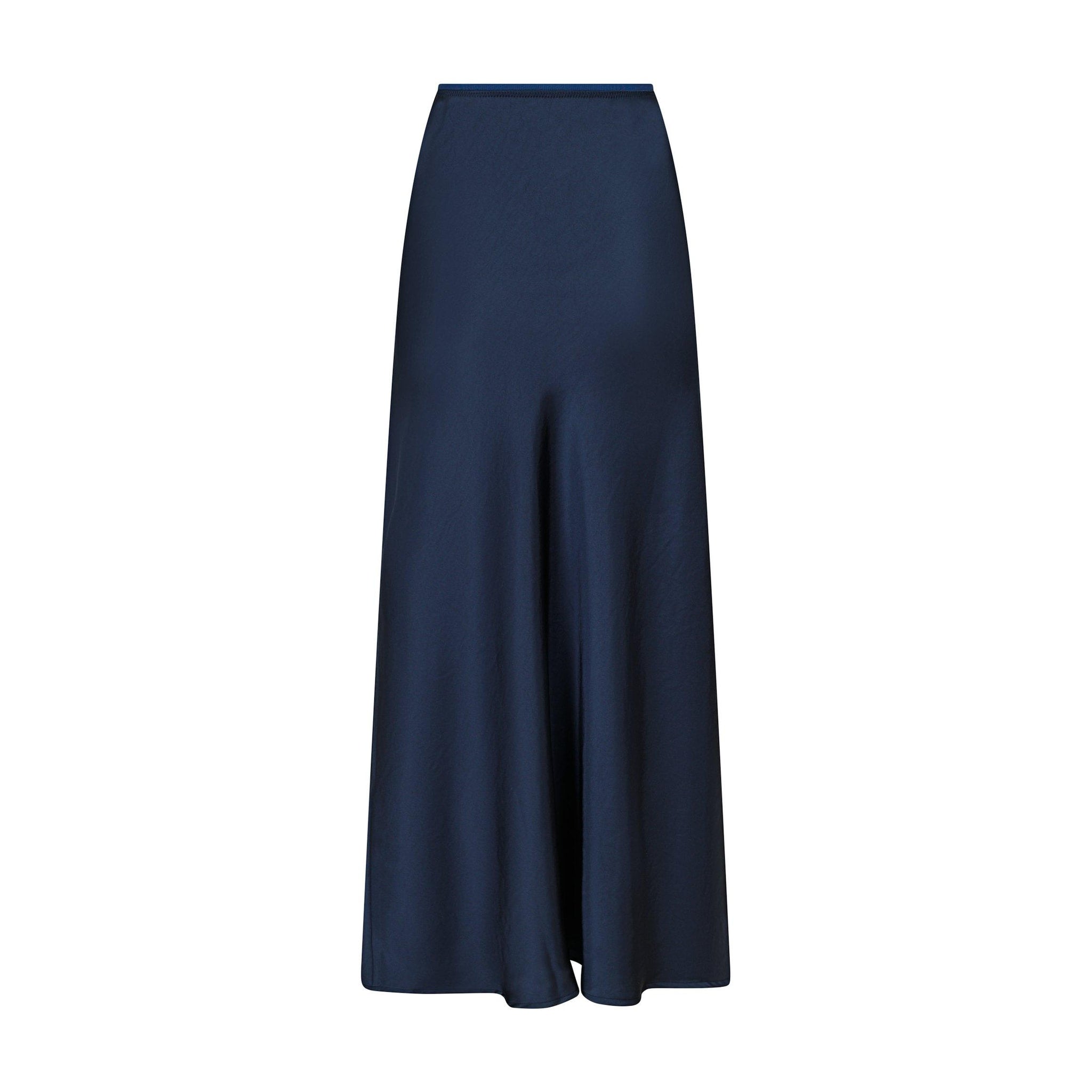 Navy satin nederdel Vicky fra Neo Noir set bagfra på hvid baggrund