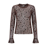 Brun mesh t-shirt med sorte prikker og udsvingede ærmer set forfra