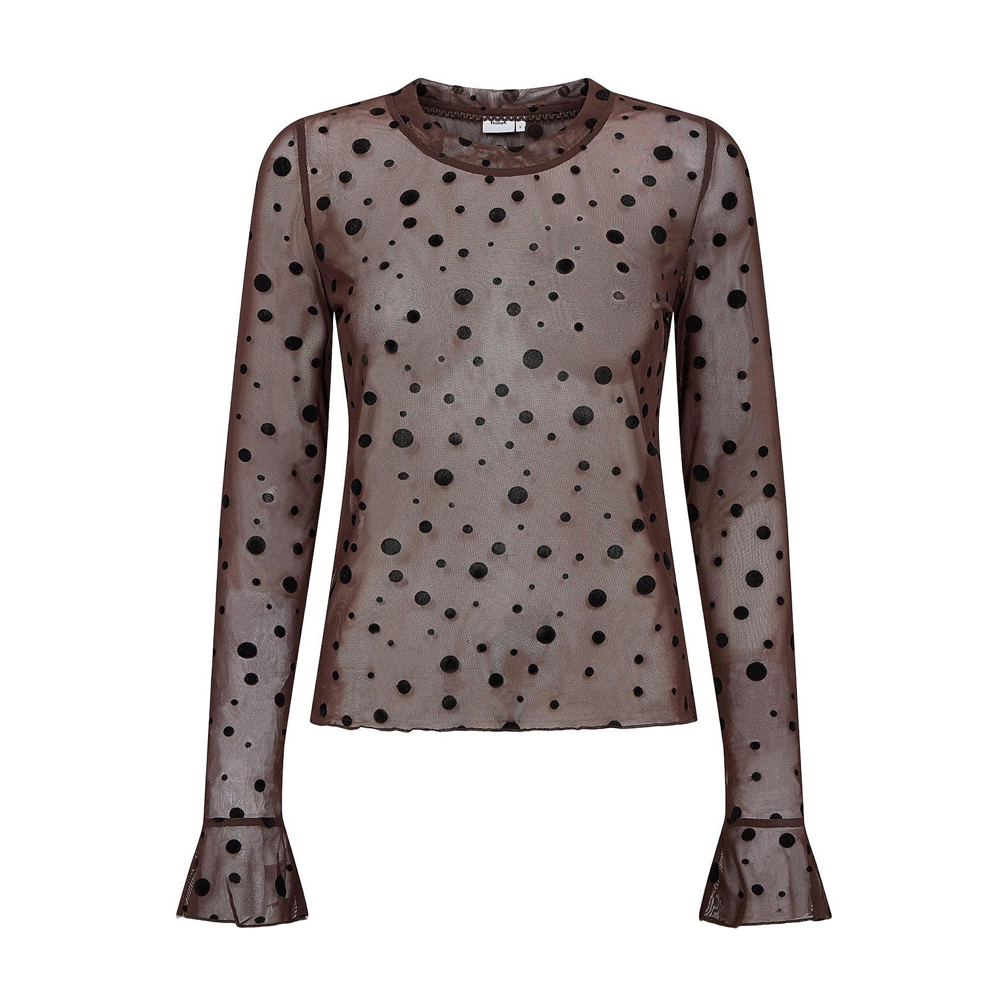 Brun mesh t-shirt med sorte prikker og udsvingede ærmer set forfra