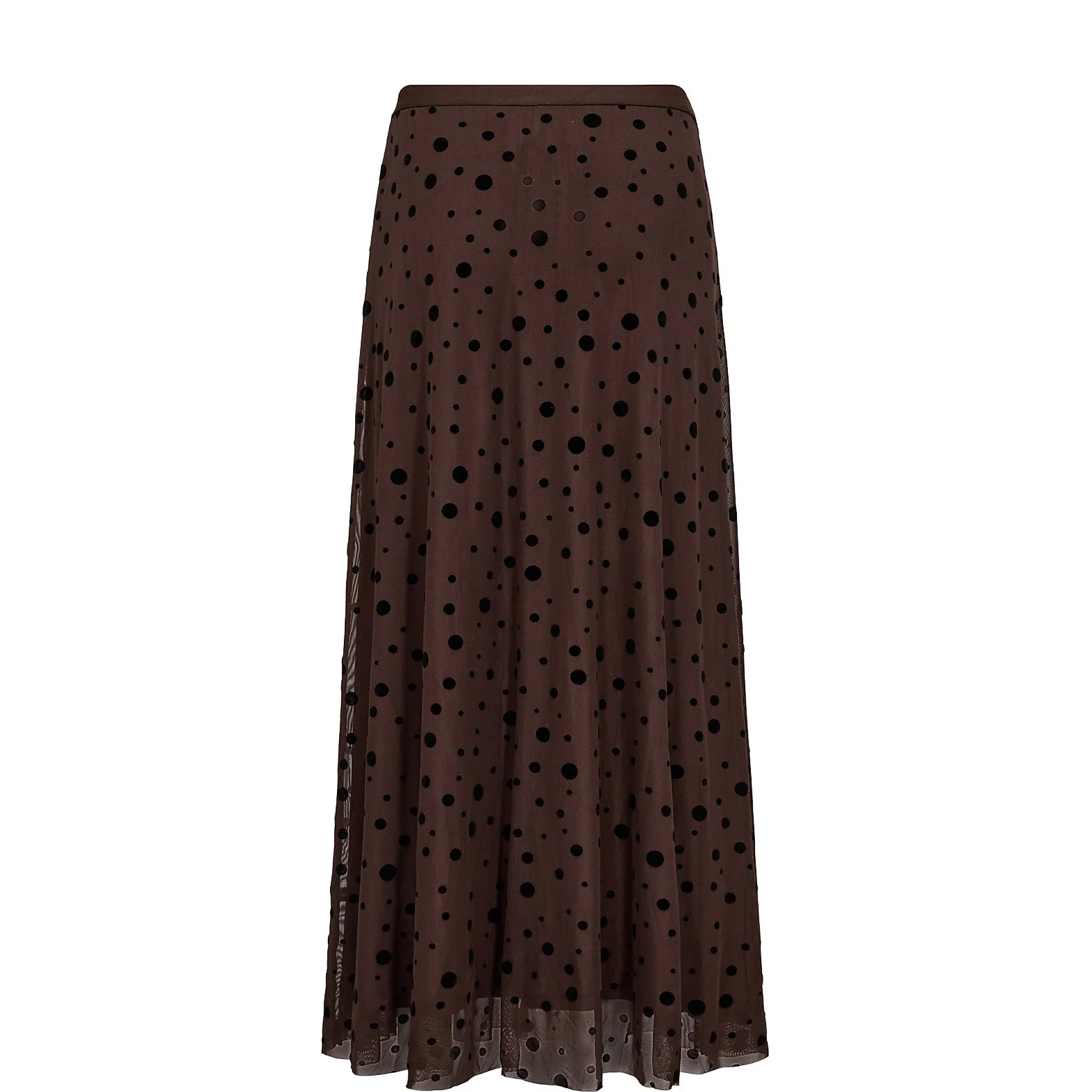 Brun maxi nederdel i mesh med sorte prikker, Evita Mesh Skirt i Chocolate Plum fra Nümph, set bagfra