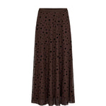 Evita Mesh Skirt fra Nümph, brun nederdel med sorte prikker og gennemsigtig mesh-kant forneden, set forfra