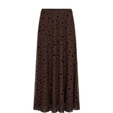 Evita Mesh Skirt fra Nümph, brun nederdel med sorte prikker og gennemsigtig mesh-kant forneden, set forfra