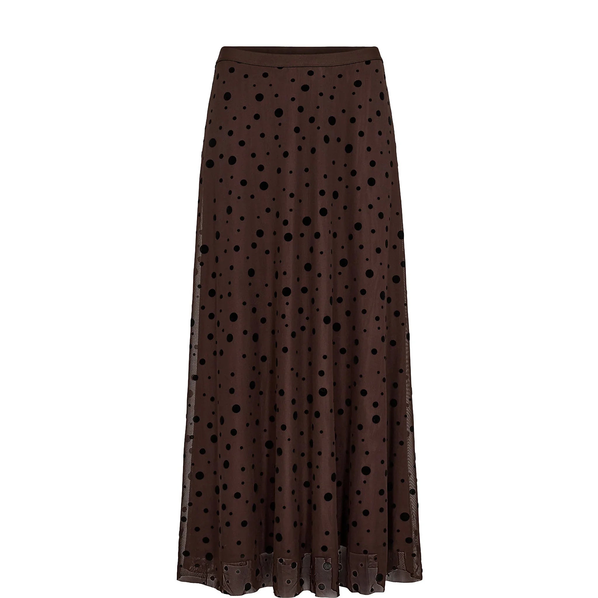 Evita Mesh Skirt fra Nümph, brun nederdel med sorte prikker og gennemsigtig mesh-kant forneden, set forfra